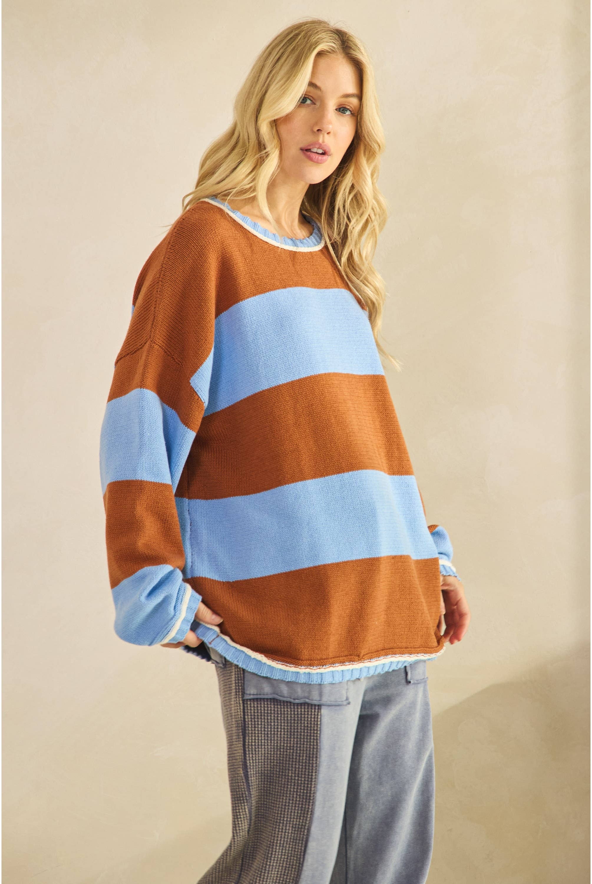 COLORBLOCK STRIPE SWEATER-Sweaters-Sage + Fig-Stuffology - Where Vintage Meets Modern, A Boutique for Real Women in Crosbyton, TX