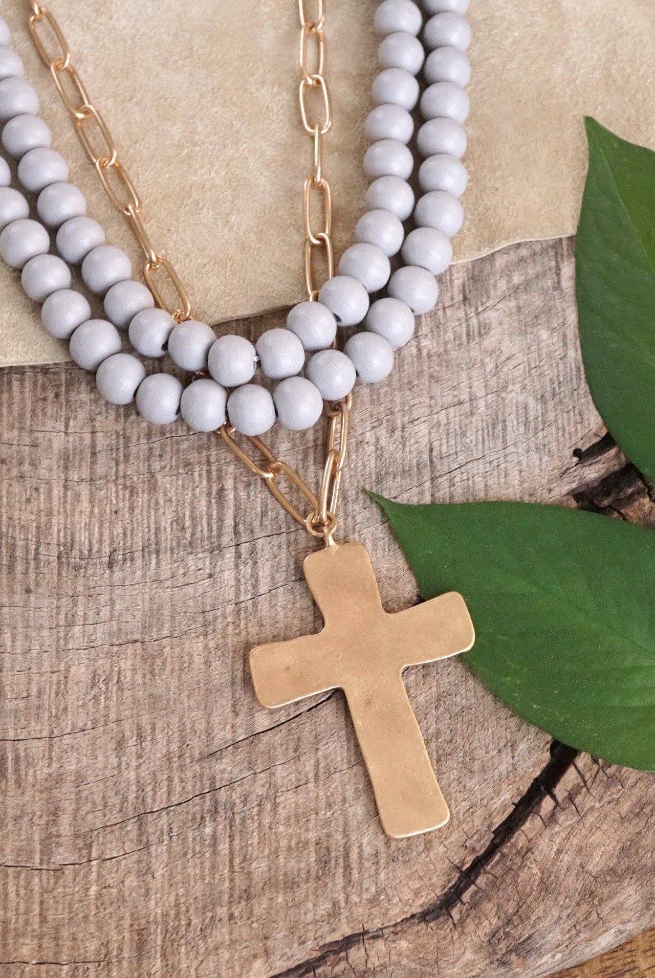 Multi Strand Wood Beads Short Statement Cross Necklace Grey-Necklaces-PennyLine inc-Stuffology - Where Vintage Meets Modern, A Boutique for Real Women in Crosbyton, TX