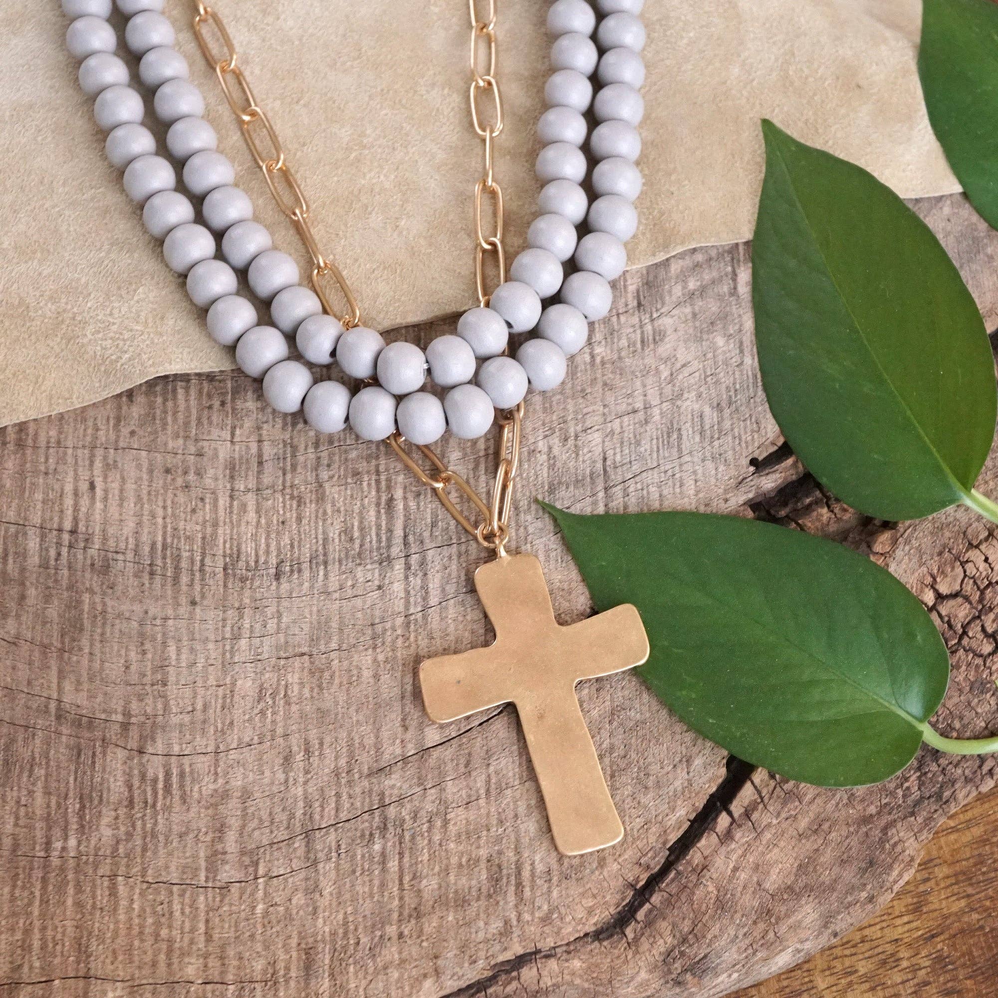 Multi Strand Wood Beads Short Statement Cross Necklace Grey-Necklaces-PennyLine inc-Stuffology - Where Vintage Meets Modern, A Boutique for Real Women in Crosbyton, TX