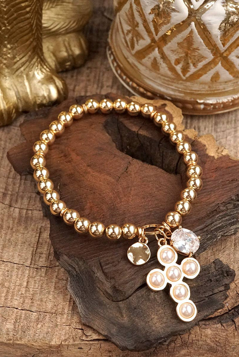 Golden Keepsakes – Charm Cluster Stretch Bracelet with Beads & Stones-Bracelets-PennyLine inc-Stuffology - Where Vintage Meets Modern, A Boutique for Real Women in Crosbyton, TX