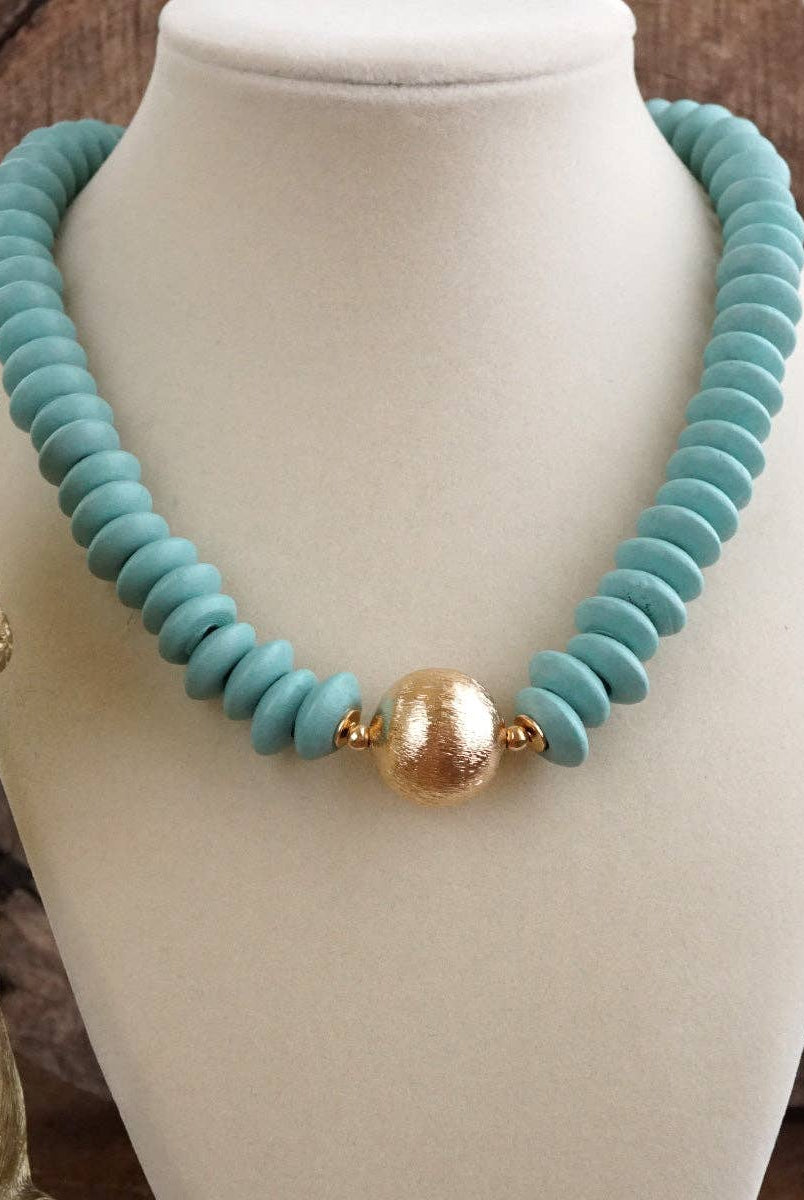 Wood Saucer Beads Short Statement Necklace Gold center Hot Pink Beige Turquoise-Necklaces-PennyLine inc-Stuffology - Where Vintage Meets Modern, A Boutique for Real Women in Crosbyton, TX