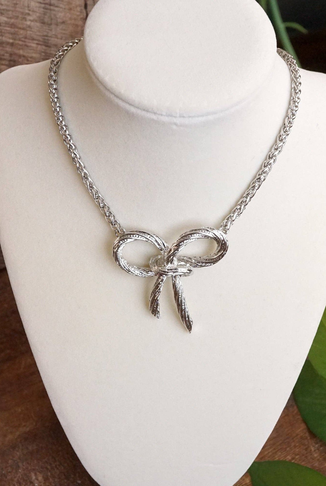 Large Rope Textured Bow Pendant Statement Necklace Silver Tone-Necklaces-PennyLine inc-Stuffology - Where Vintage Meets Modern, A Boutique for Real Women in Crosbyton, TX