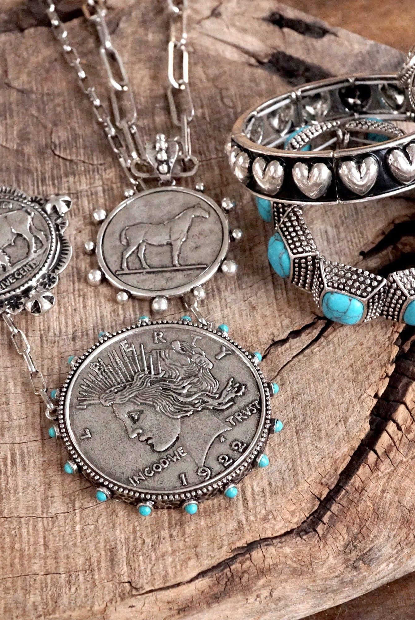 Western Boho Coin Necklace Set with Turquoise Accents – Worn Silver Tone-Necklaces-PennyLine inc-Stuffology - Where Vintage Meets Modern, A Boutique for Real Women in Crosbyton, TX