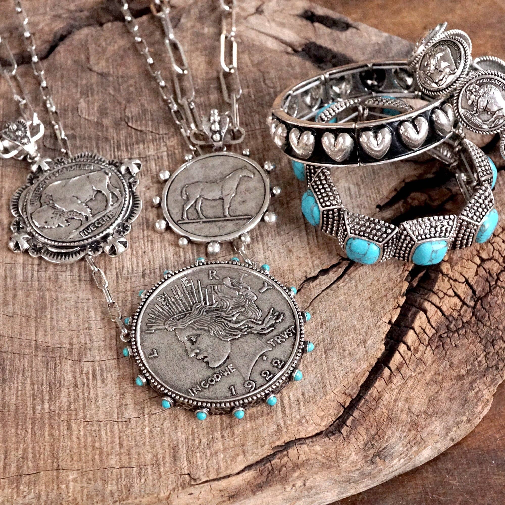 Western Boho Coin Necklace Set with Turquoise Accents – Worn Silver Tone-Necklaces-PennyLine inc-Stuffology - Where Vintage Meets Modern, A Boutique for Real Women in Crosbyton, TX