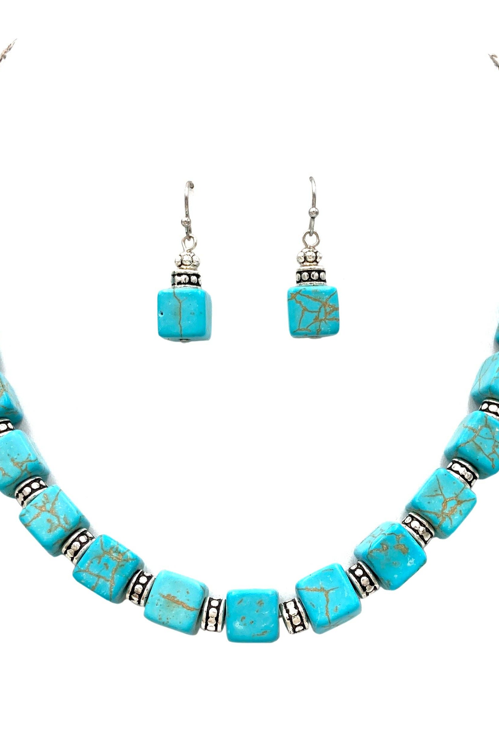 Turquoise Cubes Necklace Earrings Set-Necklaces-Lunar Deer-Stuffology - Where Vintage Meets Modern, A Boutique for Real Women in Crosbyton, TX