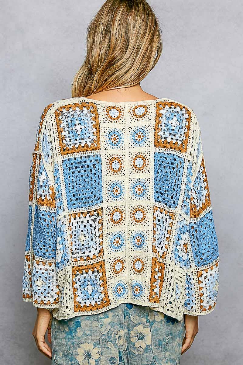 Granny Square 3/4 Sleeve Crochet Cardigan Top-Cardigan-Pol Clothing-Stuffology - Where Vintage Meets Modern, A Boutique for Real Women in Crosbyton, TX
