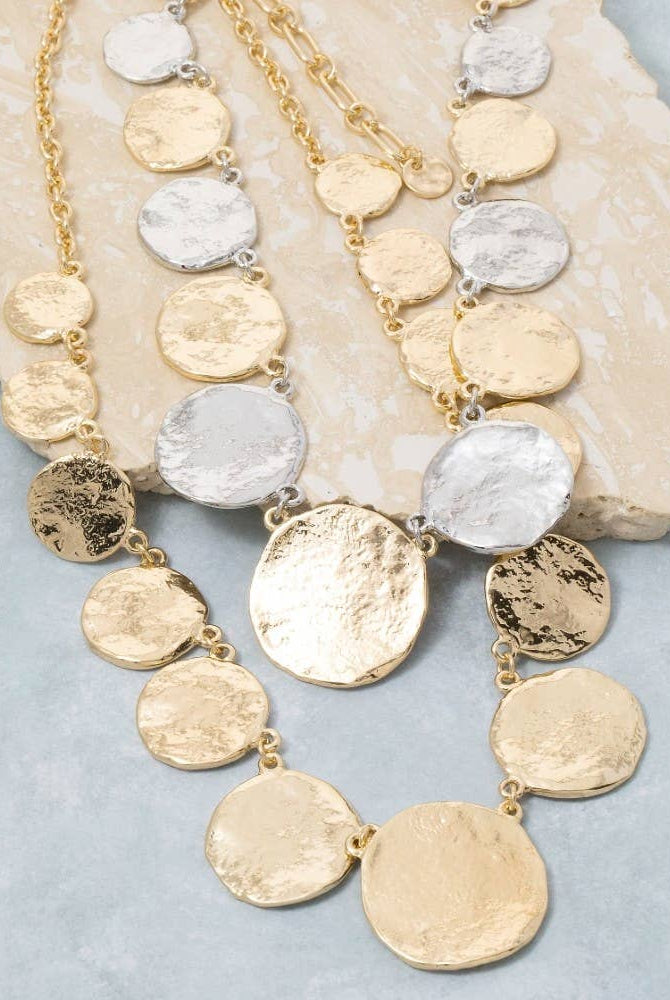 Large Textured Coins Statement Necklace-Necklaces-The Looks by Fame Accessories-Stuffology - Where Vintage Meets Modern, A Boutique for Real Women in Crosbyton, TX