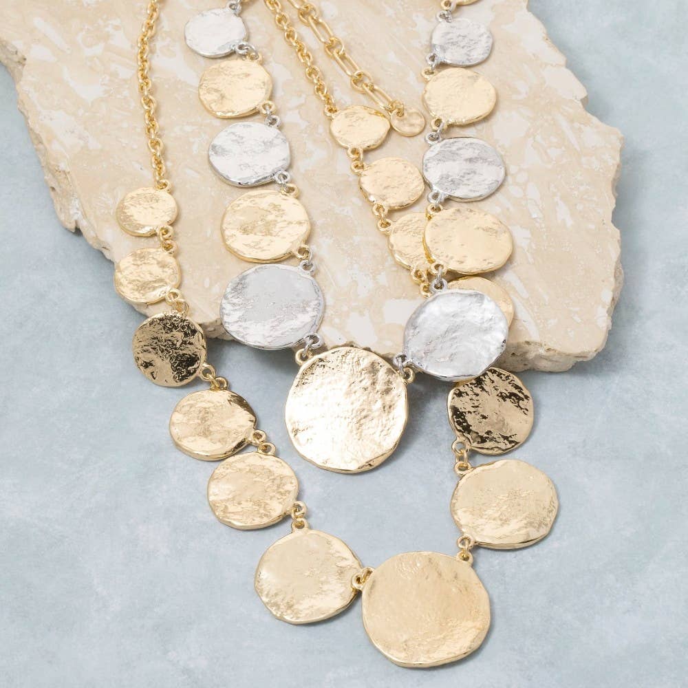 Large Textured Coins Statement Necklace-Necklaces-The Looks by Fame Accessories-Stuffology - Where Vintage Meets Modern, A Boutique for Real Women in Crosbyton, TX