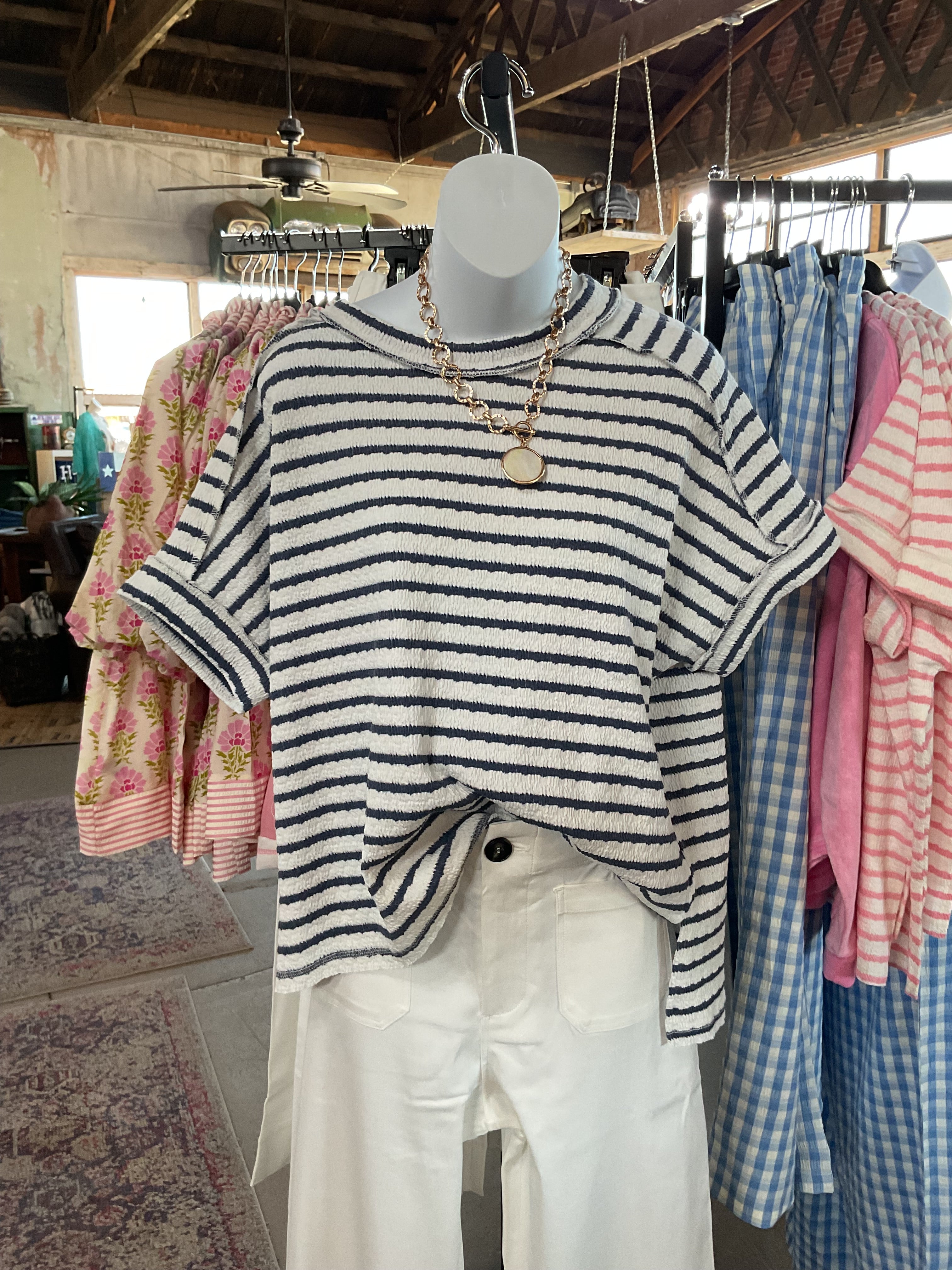 Stripe Jacquard Round-Neck Box Tee-Tops-Zenana-Stuffology - Where Vintage Meets Modern, A Boutique for Real Women in Crosbyton, TX