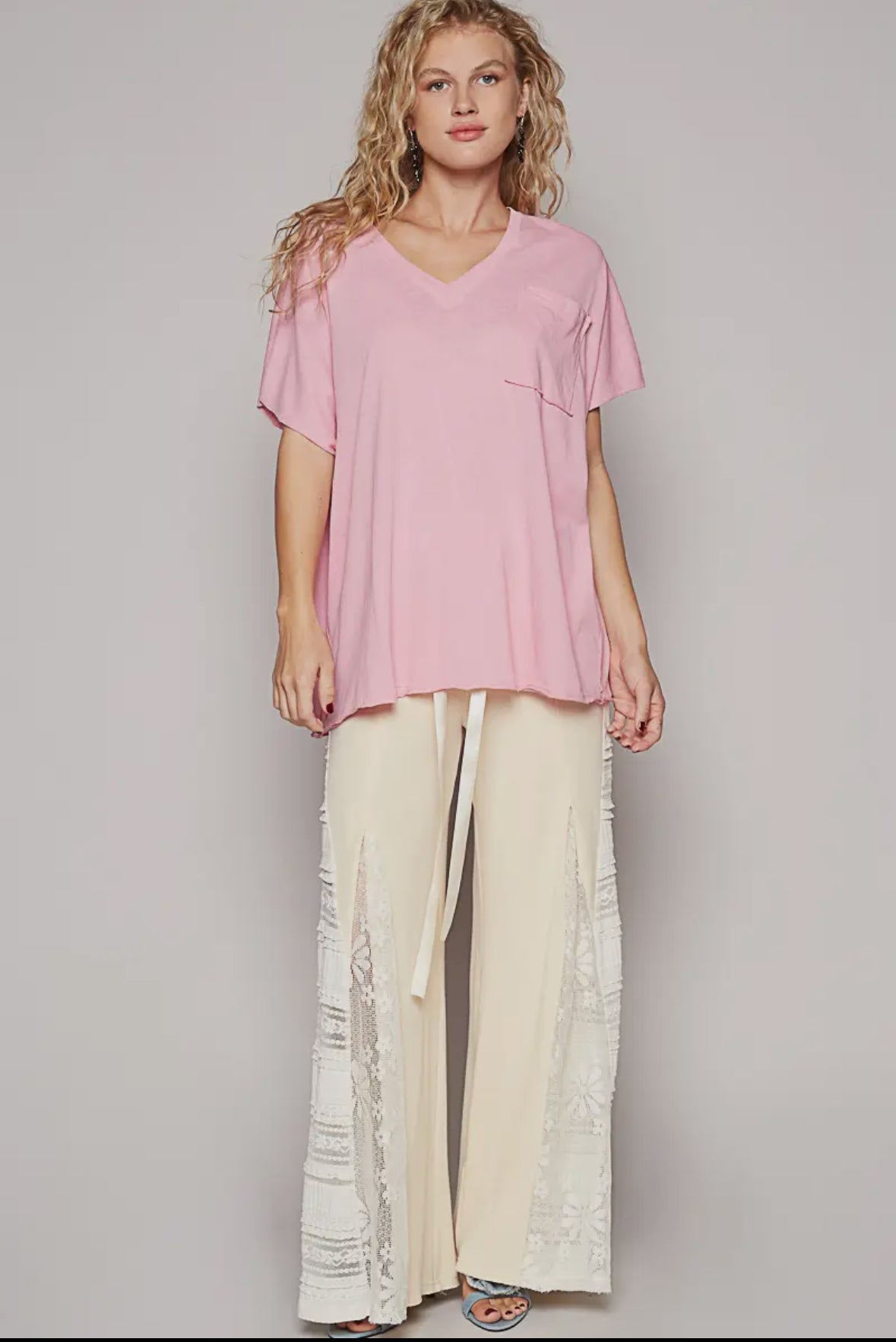 POL Clothing Oversized Front Pocket Pink V-Neck Top-TOP-POL Clothing-Stuffology - Where Vintage Meets Modern, A Boutique for Real Women in Crosbyton, TX