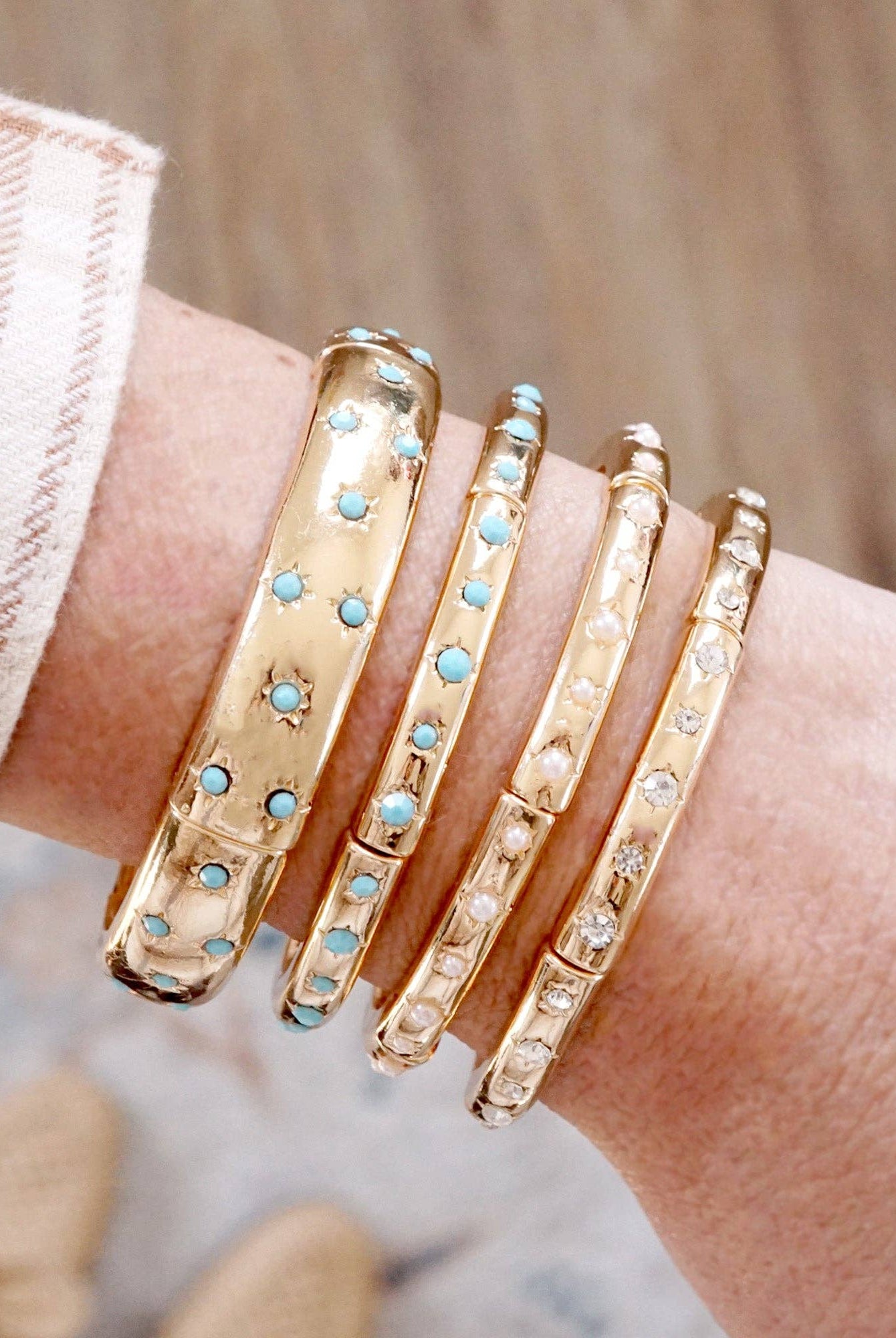 Gold-Tone Eternity Stretch Bangle – Pearls, Turquoise, or Crystals-Bracelets-PennyLine inc-Stuffology - Where Vintage Meets Modern, A Boutique for Real Women in Crosbyton, TX