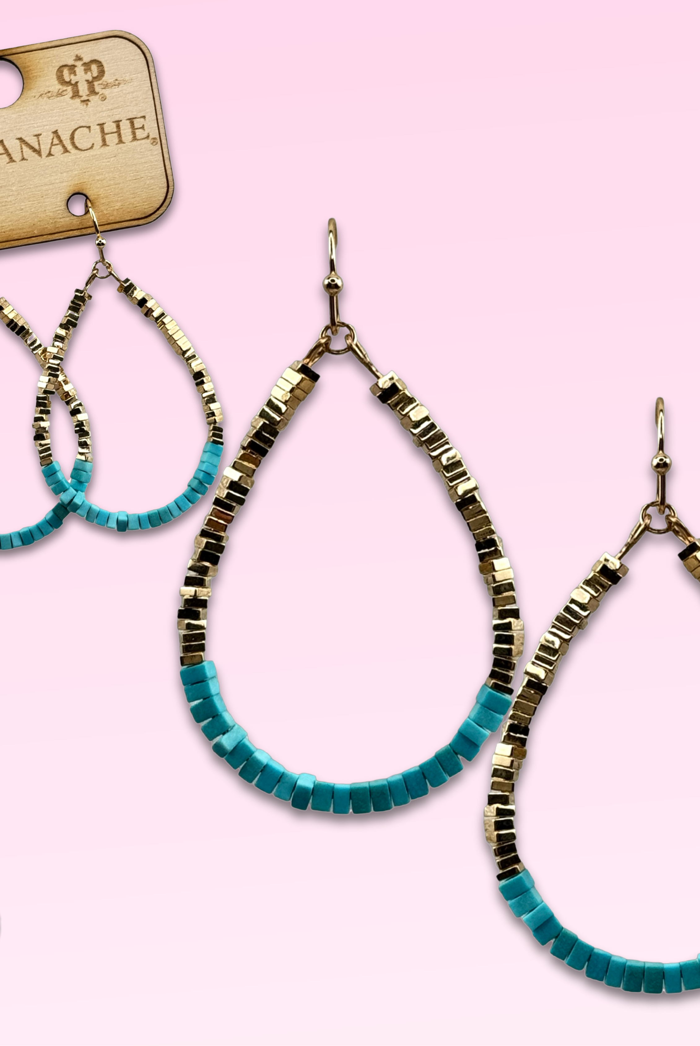Gold and turquoise square bead teardrop earring-Pink Panache Brands-Stuffology - Where Vintage Meets Modern, A Boutique for Real Women in Crosbyton, TX