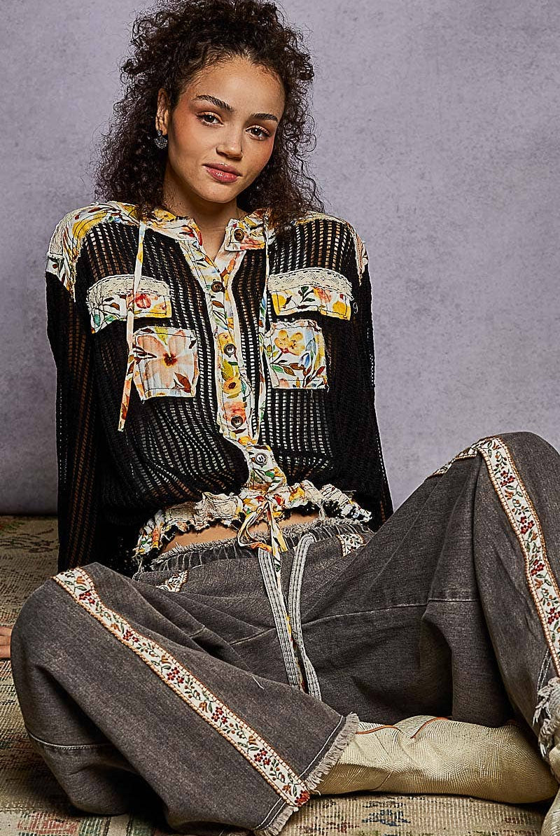 Vintage washed Black Floral Print Patch Crochet Jacket-Jackets-Pol Clothing-Stuffology - Where Vintage Meets Modern, A Boutique for Real Women in Crosbyton, TX