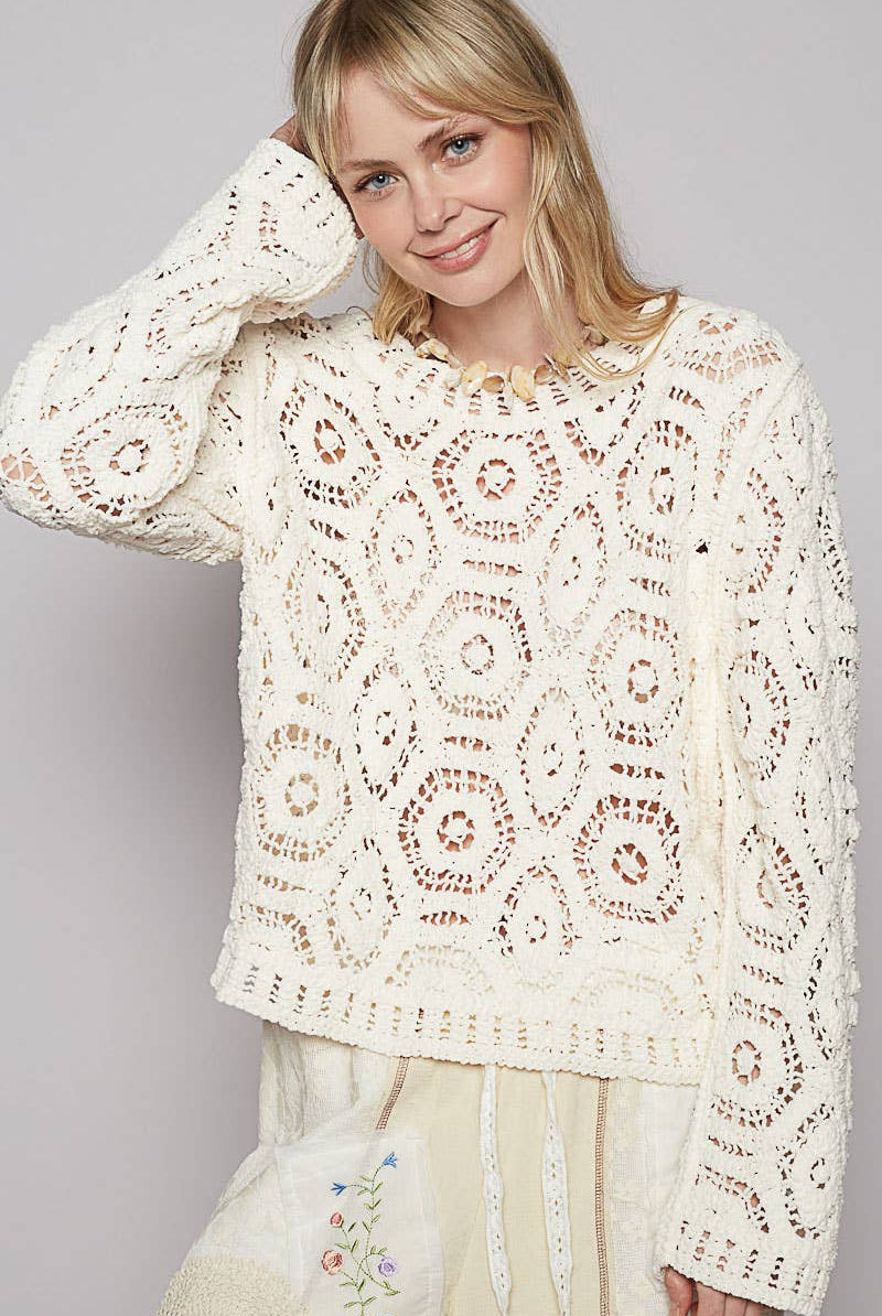Round neck open knitted crochet solid sweater-Sweaters-Pol Clothing-Stuffology - Where Vintage Meets Modern, A Boutique for Real Women in Crosbyton, TX