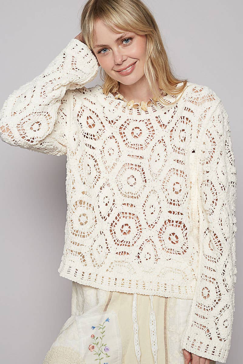 Round neck open knitted crochet solid sweater-Sweaters-Pol Clothing-Stuffology - Where Vintage Meets Modern, A Boutique for Real Women in Crosbyton, TX