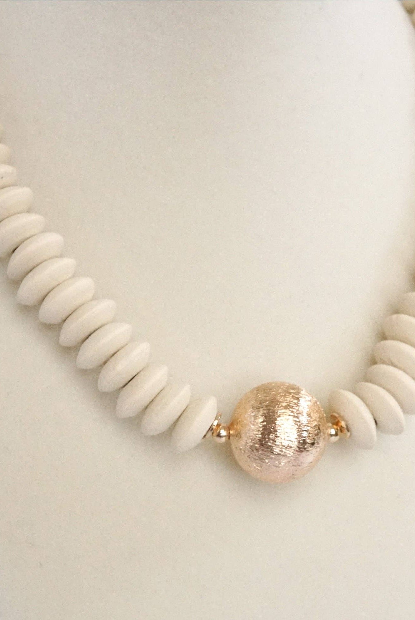 Wood Saucer Beads Short Statement Necklace Gold center Hot Pink Beige Turquoise-Necklaces-PennyLine inc-Stuffology - Where Vintage Meets Modern, A Boutique for Real Women in Crosbyton, TX