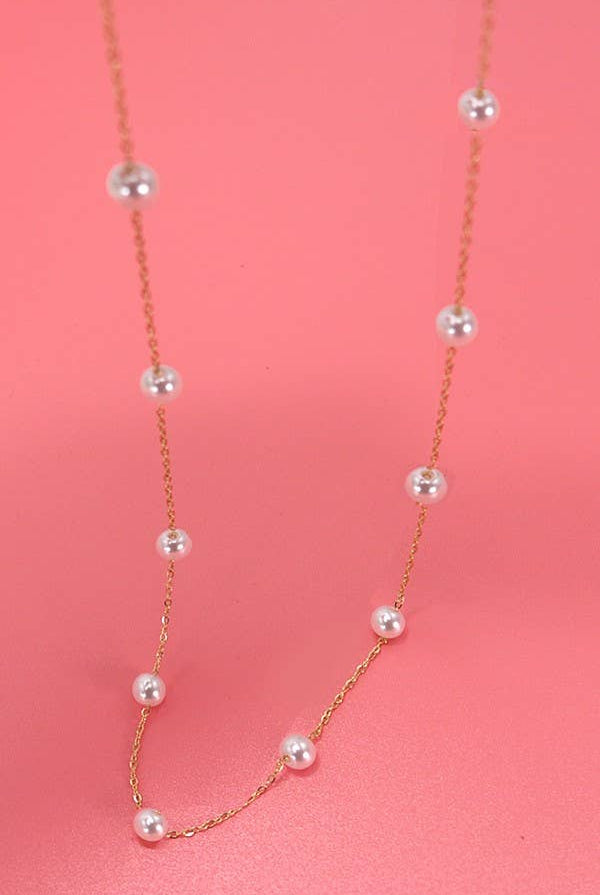 TITANIUM STEEL NON-TARNISH PEARL STATION NECKLACE | 40NK334-Necklaces-JOSSLYN by wall to wall-Stuffology - Where Vintage Meets Modern, A Boutique for Real Women in Crosbyton, TX