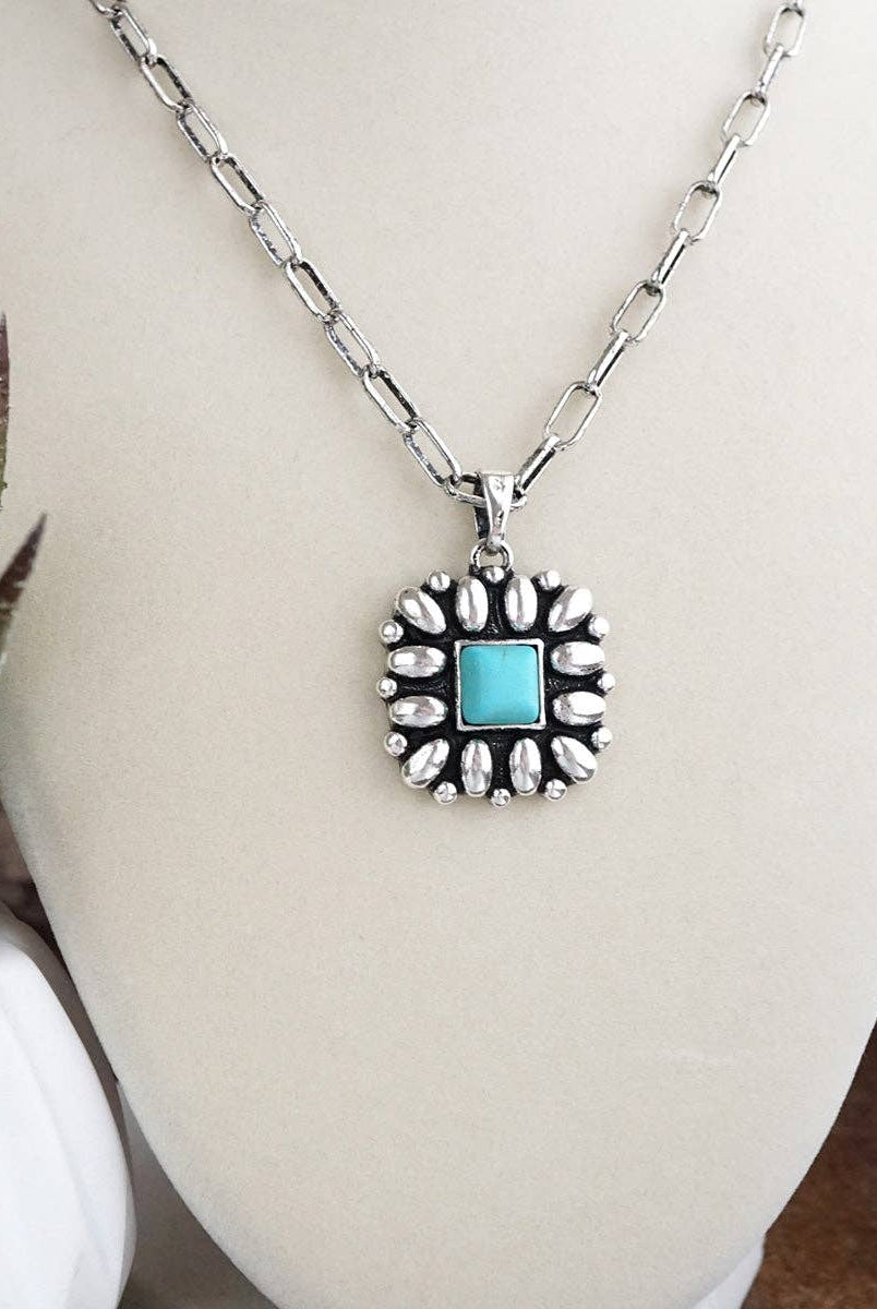 Desert Bloom – Square Concho Pendant Necklace in Worn Silver-Necklaces-PennyLine inc-Stuffology - Where Vintage Meets Modern, A Boutique for Real Women in Crosbyton, TX
