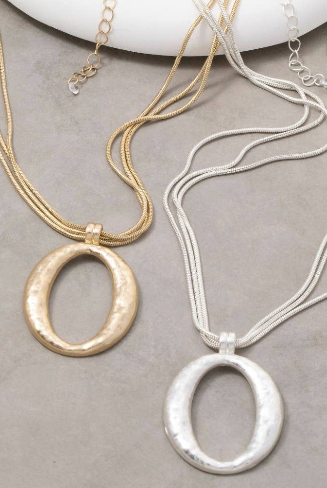 Matte Hammered Gold Oval Pendant Layered Chains Necklace-The Looks by Fame Accessories-Stuffology - Where Vintage Meets Modern, A Boutique for Real Women in Crosbyton, TX