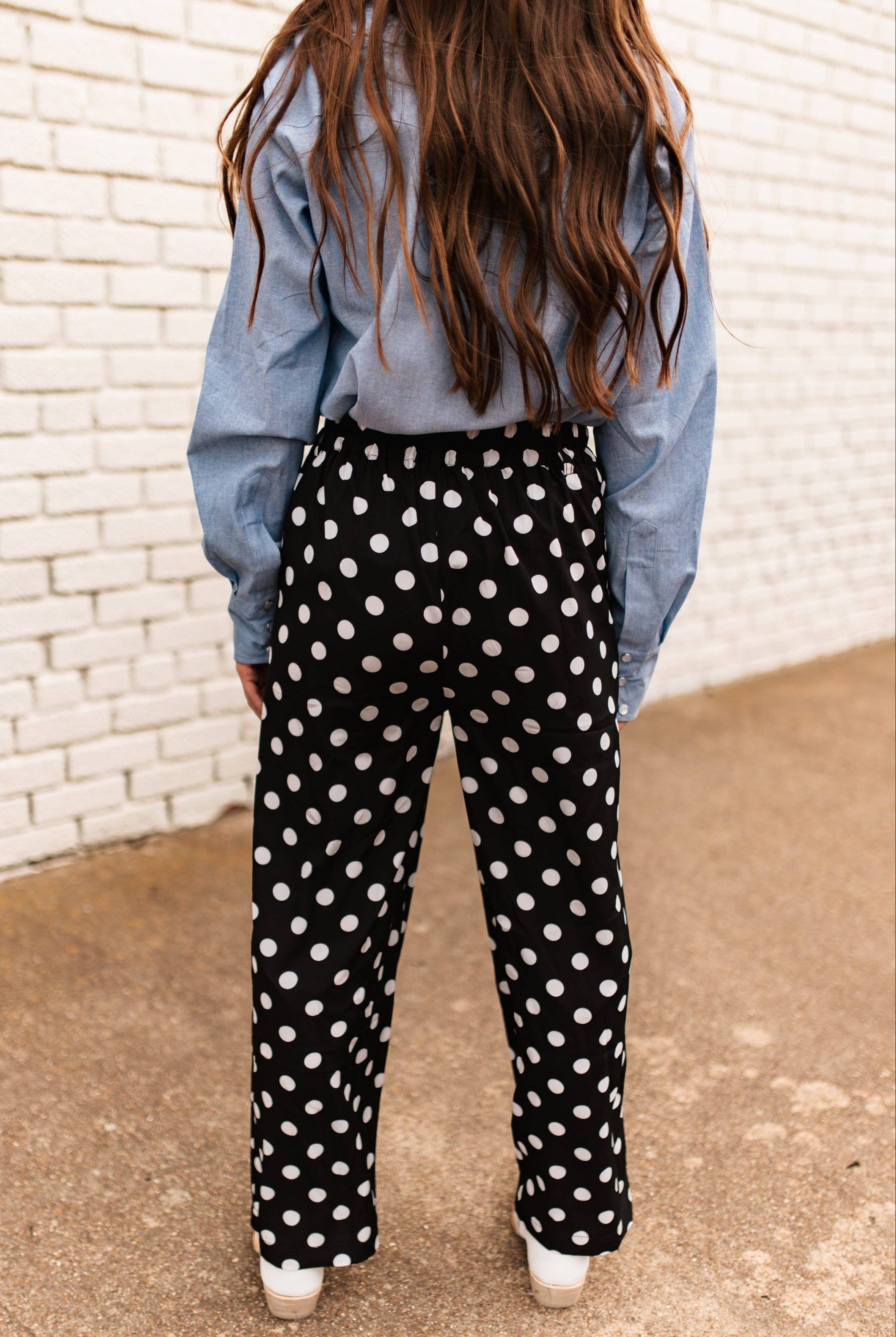 BLACK & WHITE POLKA DOT WIDE LEG PANTS-Pants-Turquoise Haven-Stuffology - Where Vintage Meets Modern, A Boutique for Real Women in Crosbyton, TX