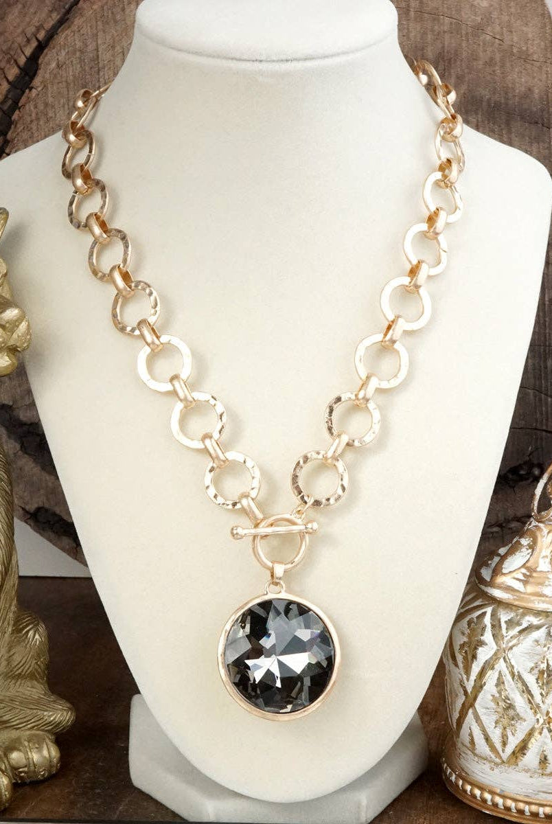 Gilded Radiance – Chunky Ring Chain Necklace with Sparkly Crystal-necklace-PennyLine inc-Stuffology - Where Vintage Meets Modern, A Boutique for Real Women in Crosbyton, TX