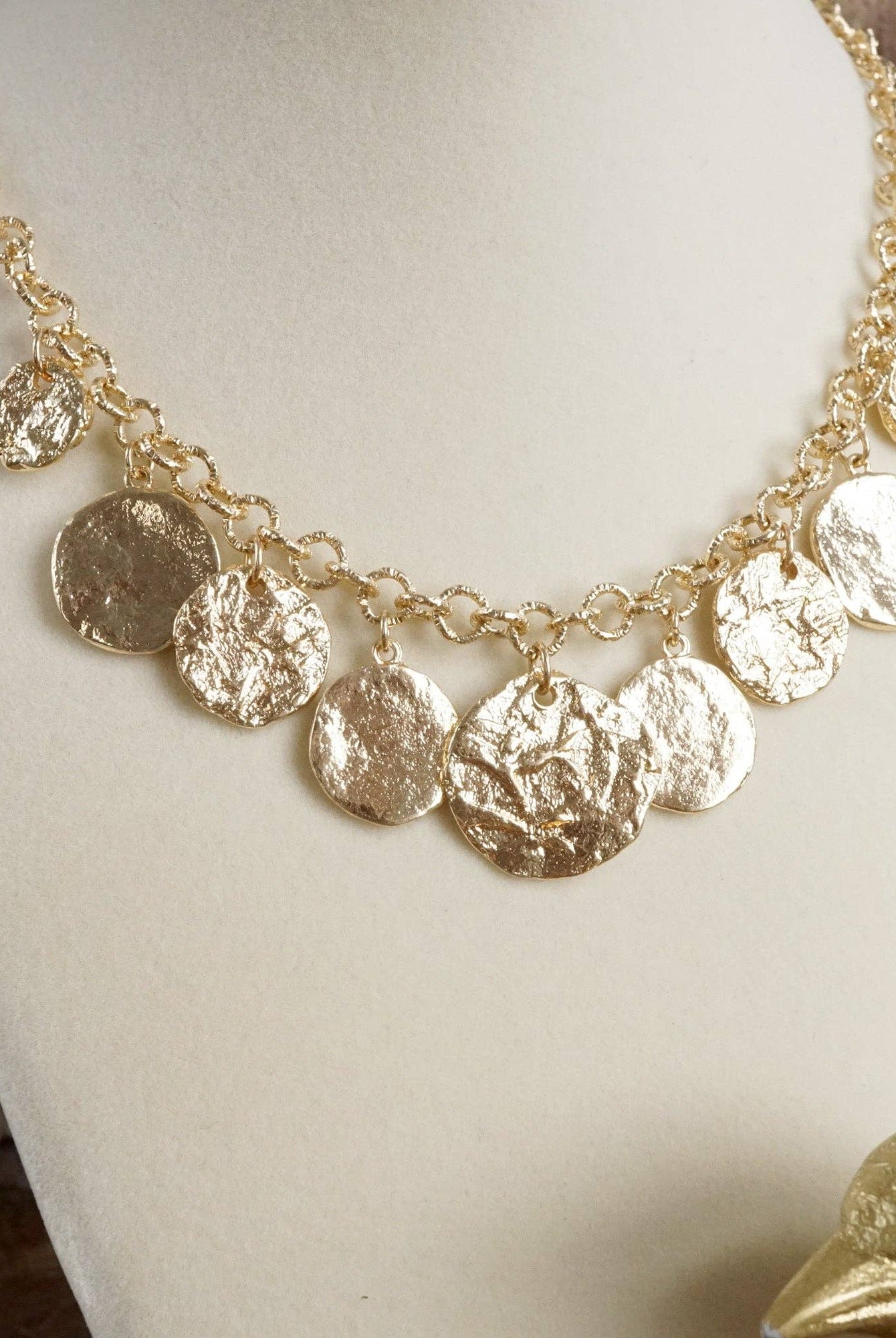 Textured Coins Statement Necklace – Gold Tone-Necklaces-PennyLine inc-Stuffology - Where Vintage Meets Modern, A Boutique for Real Women in Crosbyton, TX