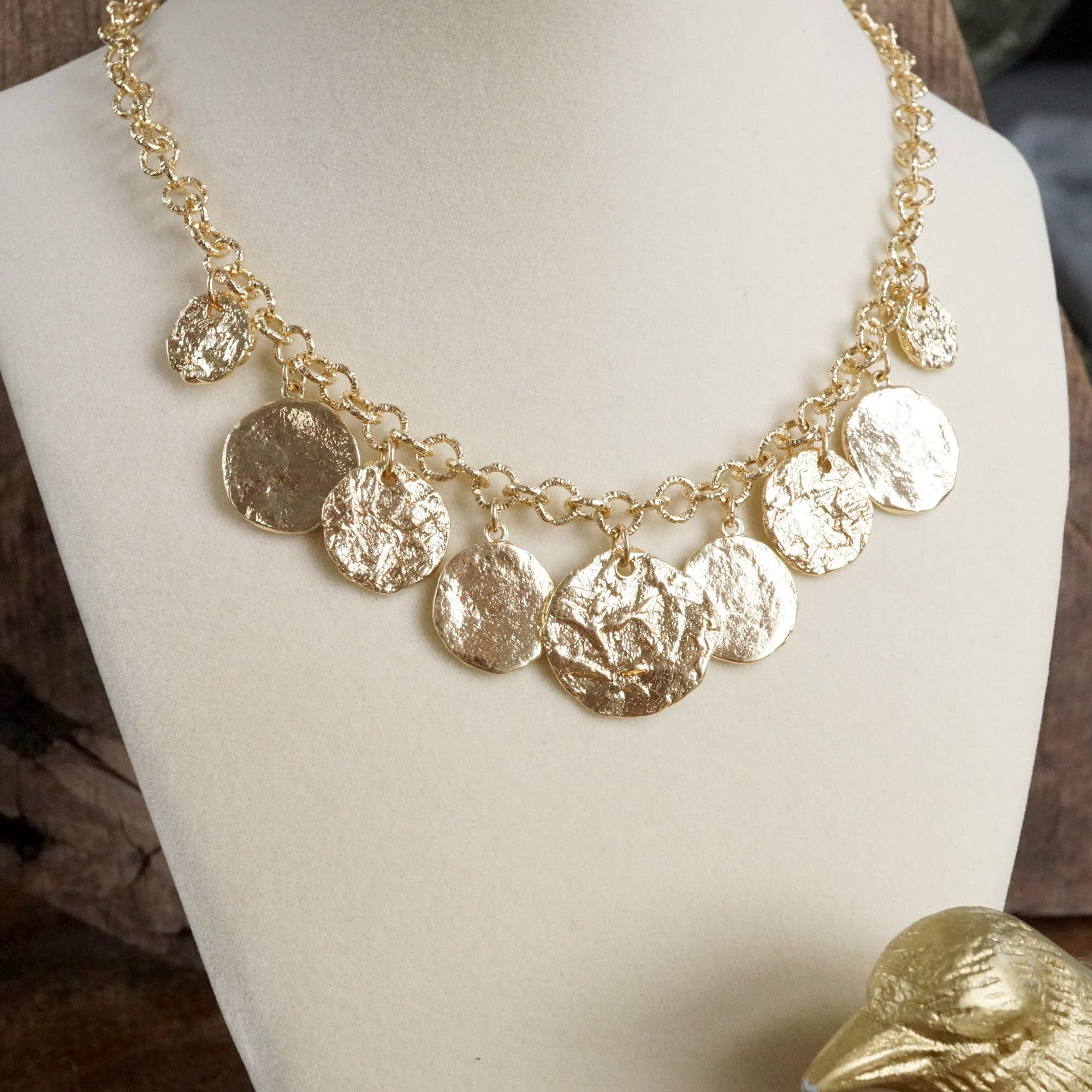 Textured Coins Statement Necklace – Gold Tone-Necklaces-PennyLine inc-Stuffology - Where Vintage Meets Modern, A Boutique for Real Women in Crosbyton, TX