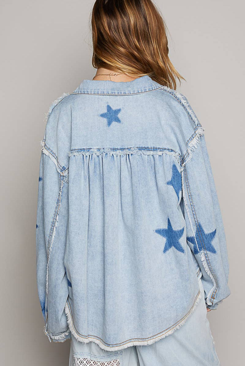Oversize star prints raw edge denim shacket-Jackets-Pol Clothing-Stuffology - Where Vintage Meets Modern, A Boutique for Real Women in Crosbyton, TX