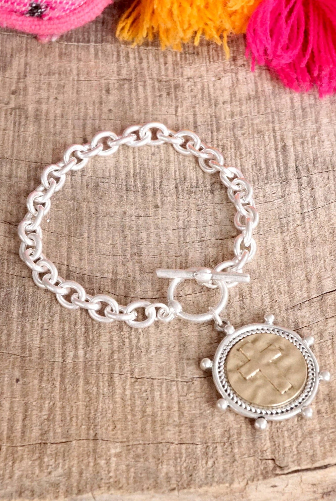 Cross Coin Chain Bracelet Toggle Closure Silver or Gold Tone-Bracelets-PennyLine inc-Stuffology - Where Vintage Meets Modern, A Boutique for Real Women in Crosbyton, TX