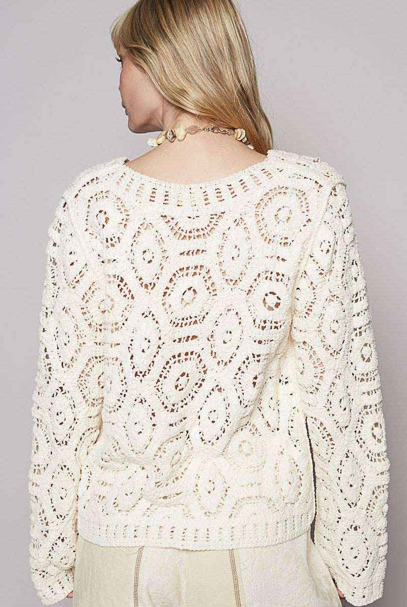 Round neck open knitted crochet solid sweater-Sweaters-Pol Clothing-Stuffology - Where Vintage Meets Modern, A Boutique for Real Women in Crosbyton, TX