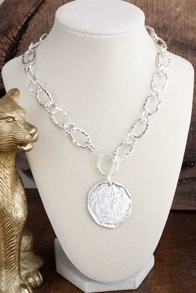 Nomad Glow – Front Toggle Statement Necklace with Hammered Disc-Necklaces-PennyLine inc-Stuffology - Where Vintage Meets Modern, A Boutique for Real Women in Crosbyton, TX