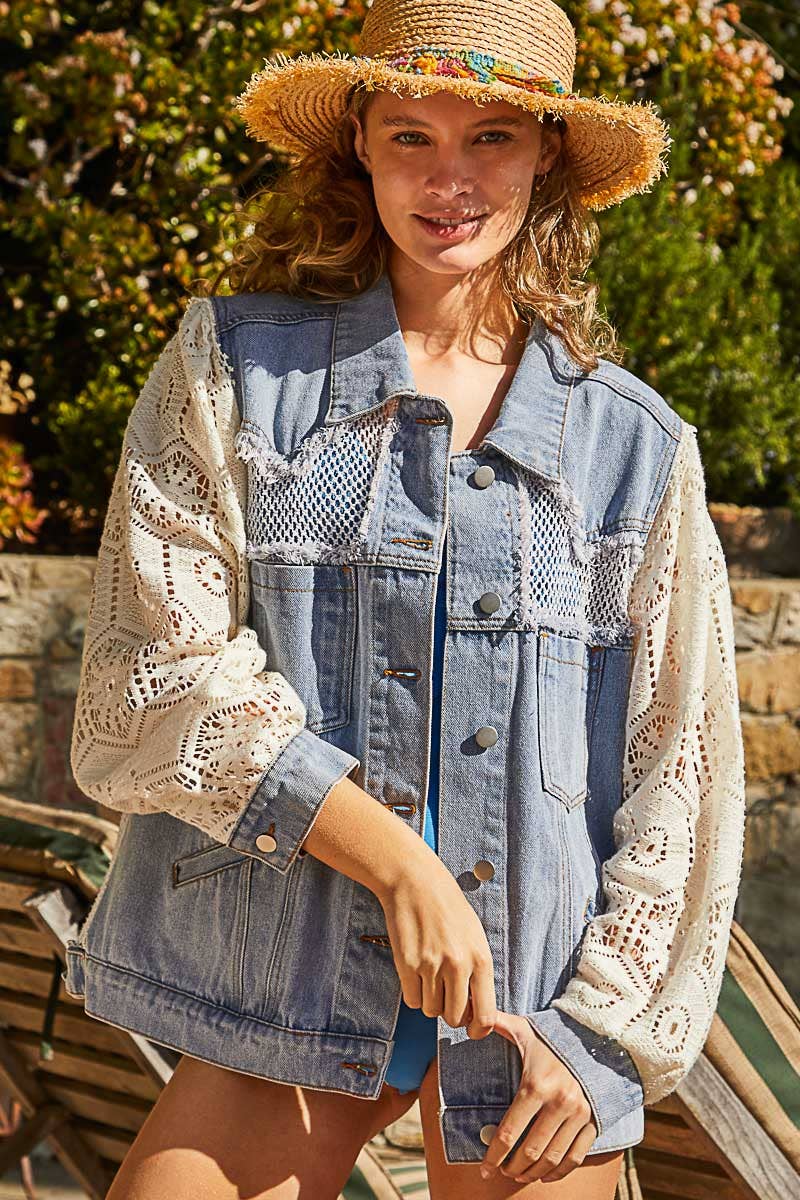 Oversize lace long sleeve crochet patches denim jacket-Shirt / Jacket-Pol Clothing-Stuffology - Where Vintage Meets Modern, A Boutique for Real Women in Crosbyton, TX
