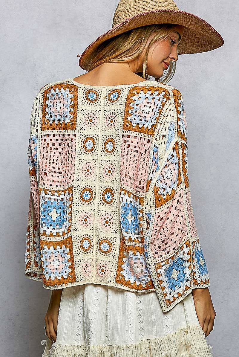 Granny Square 3/4 Sleeve Crochet Cardigan Top-Cardigan-Pol Clothing-Stuffology - Where Vintage Meets Modern, A Boutique for Real Women in Crosbyton, TX