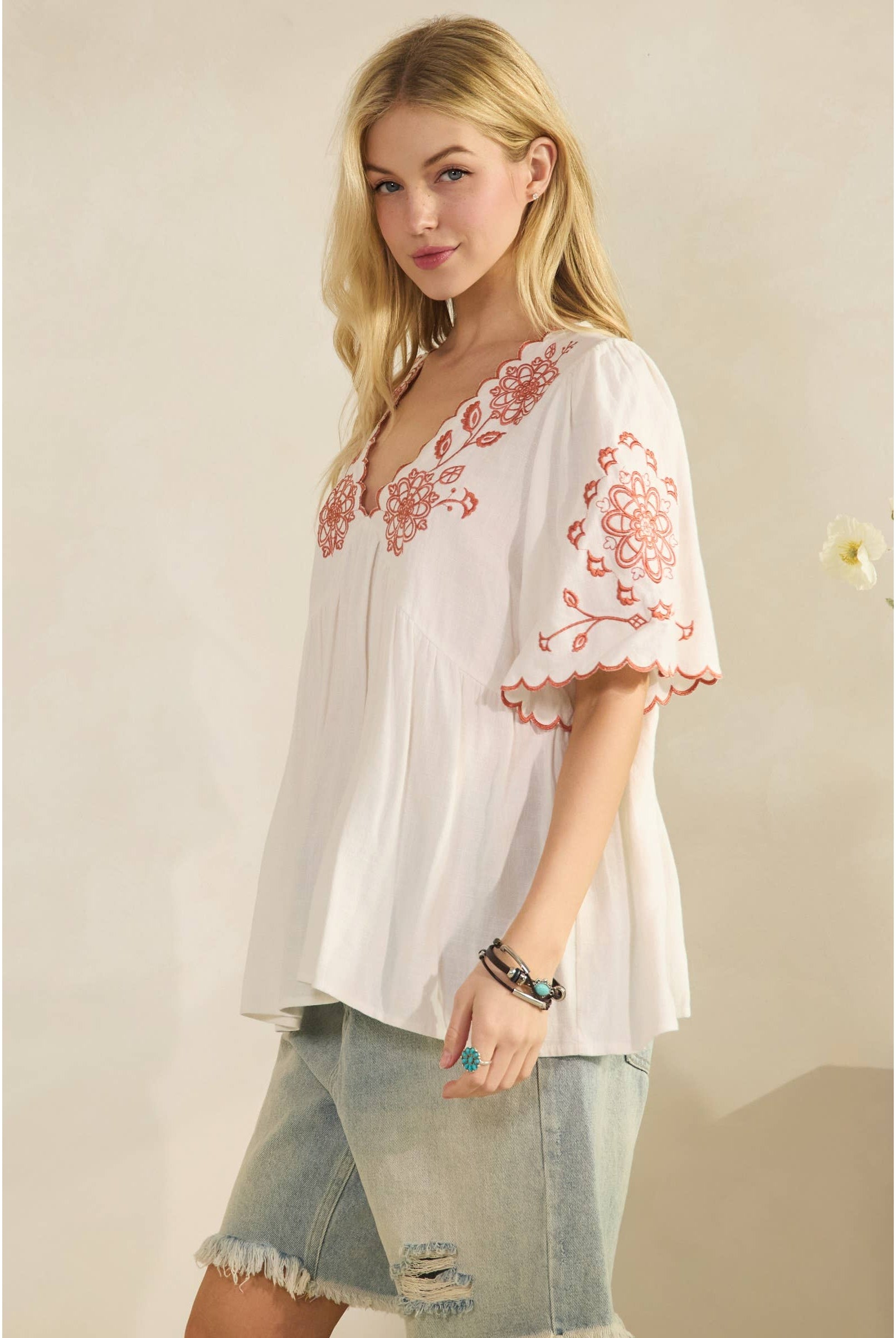 SCALLOPED BOHO EMBROIDERED BLOUSE (ST7681)-Sage + Fig-Stuffology - Where Vintage Meets Modern, A Boutique for Real Women in Crosbyton, TX