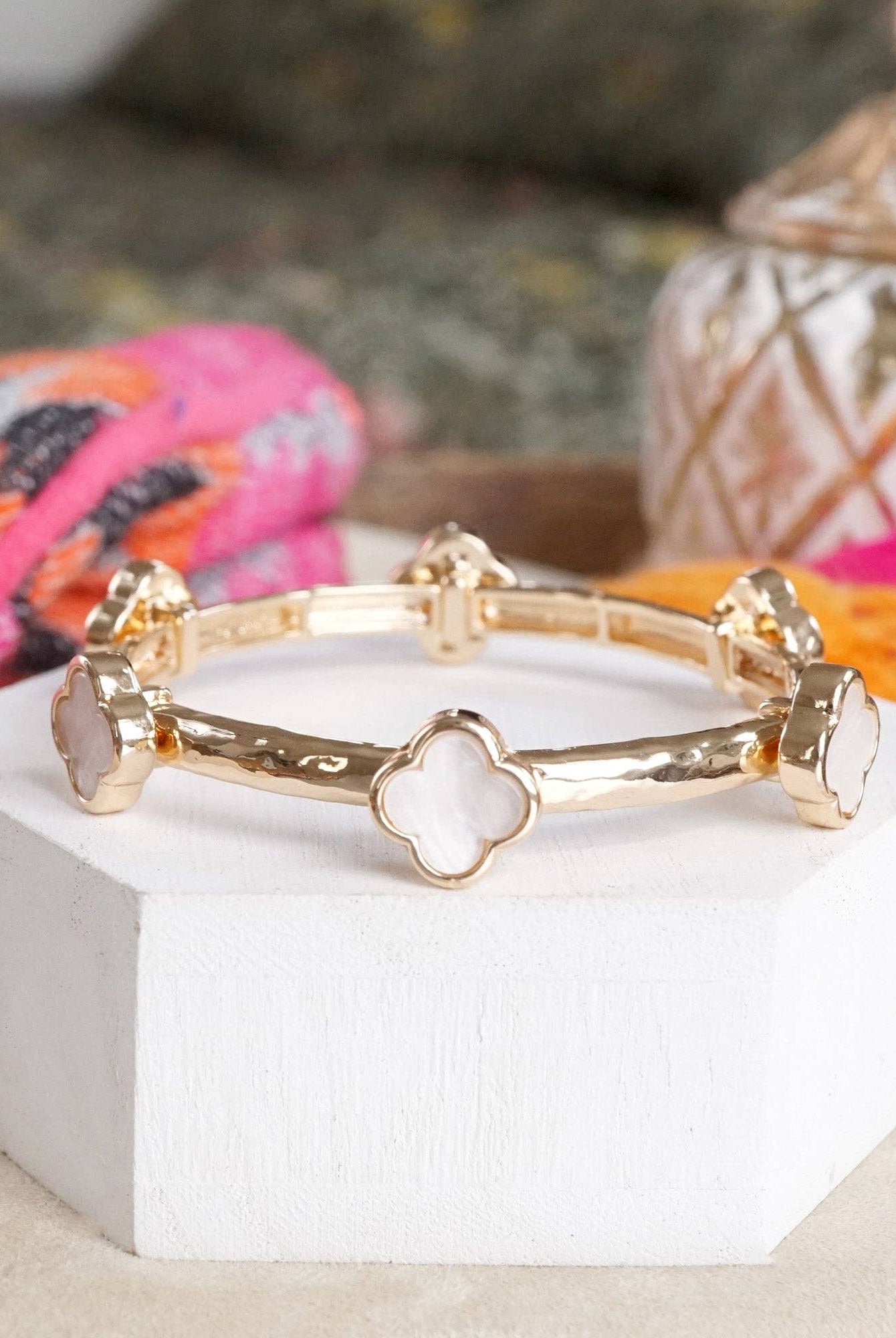 Clover Stretchy Bangle Bracelet – Pink-Bracelets-PennyLine inc-Stuffology - Where Vintage Meets Modern, A Boutique for Real Women in Crosbyton, TX