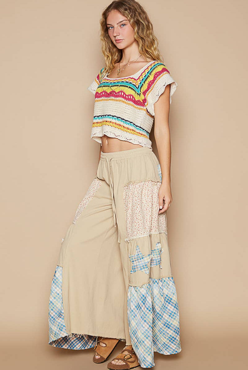 Star patch detail solid chambray wide pants-Pants-Pol Clothing-Stuffology - Where Vintage Meets Modern, A Boutique for Real Women in Crosbyton, TX