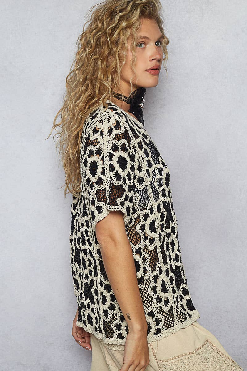 POL Clothing Round neck short sleeve crochet knit top-Top-Pol Clothing-Stuffology - Where Vintage Meets Modern, A Boutique for Real Women in Crosbyton, TX