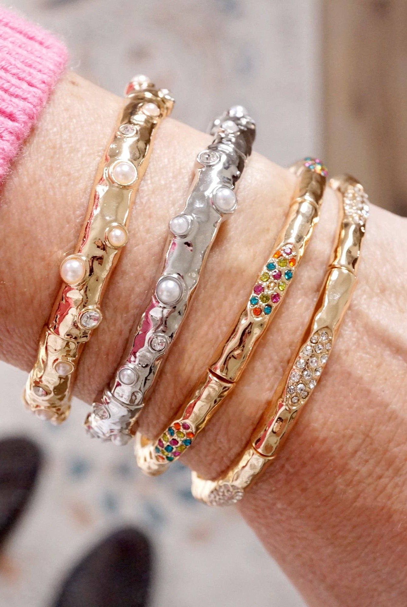 Stretchy Stackable Bangle Pearls and Rhinestones Gold or Silver Tone-PennyLine inc-Stuffology - Where Vintage Meets Modern, A Boutique for Real Women in Crosbyton, TX