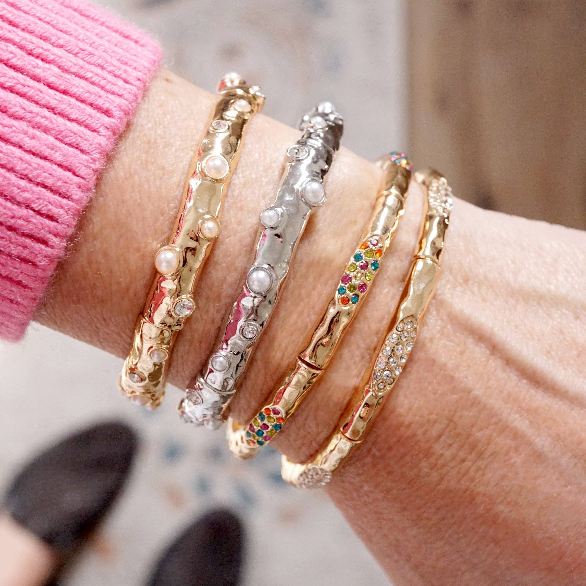 Stretchy Stackable Bangle Pearls and Rhinestones Gold or Silver Tone-PennyLine inc-Stuffology - Where Vintage Meets Modern, A Boutique for Real Women in Crosbyton, TX