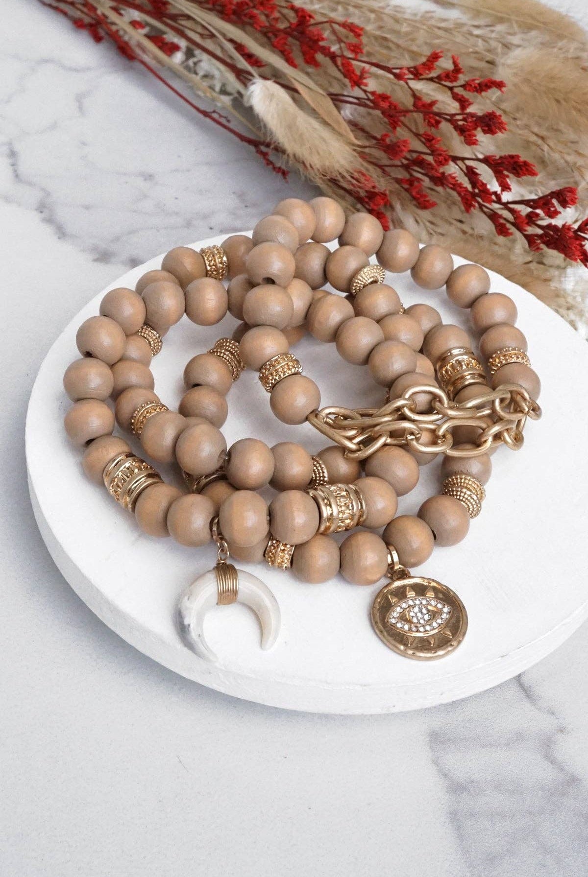 Beaded Boho Bracelets set of 4 with Gold Coin Neutral wooden Beads and Metal chain-Bracelets-PennyLine inc-Stuffology - Where Vintage Meets Modern, A Boutique for Real Women in Crosbyton, TX