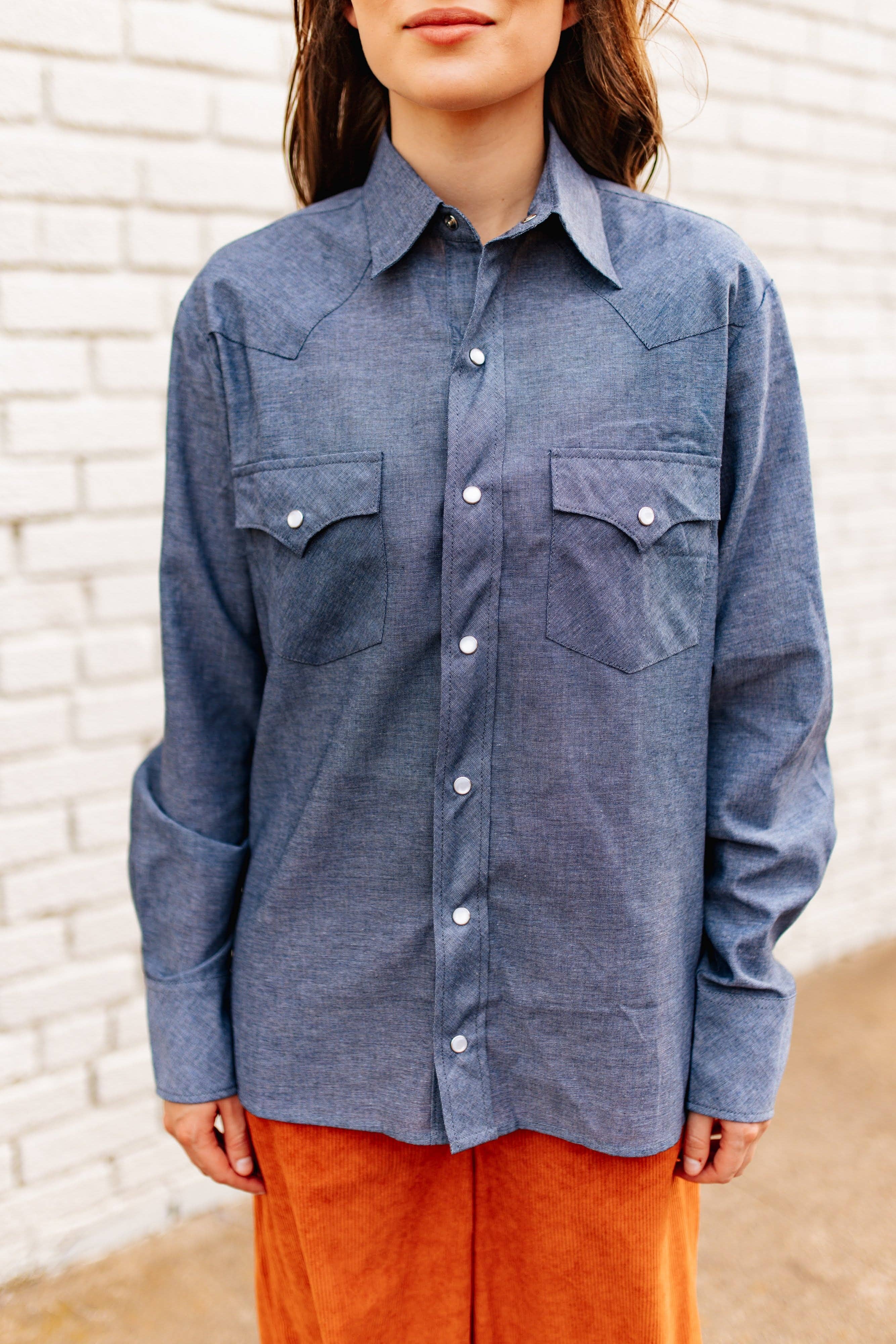 Classic Pearl Snap Denim Chambray Button-Down-Tops-Turquoise Haven-Stuffology - Where Vintage Meets Modern, A Boutique for Real Women in Crosbyton, TX