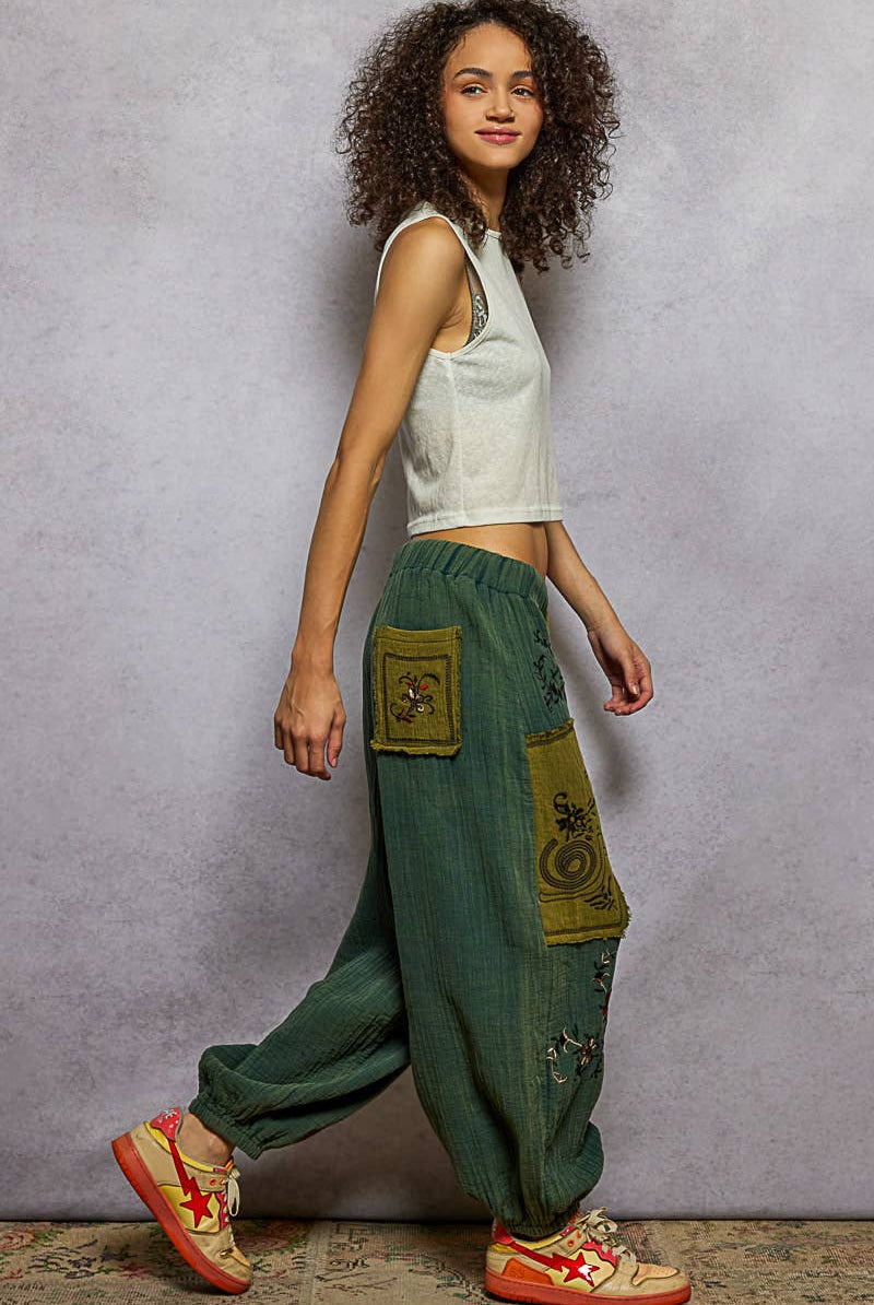 POL Clothing Double gauze floral embroidery accents patch detail pants-pants-Pol Clothing-Stuffology - Where Vintage Meets Modern, A Boutique for Real Women in Crosbyton, TX