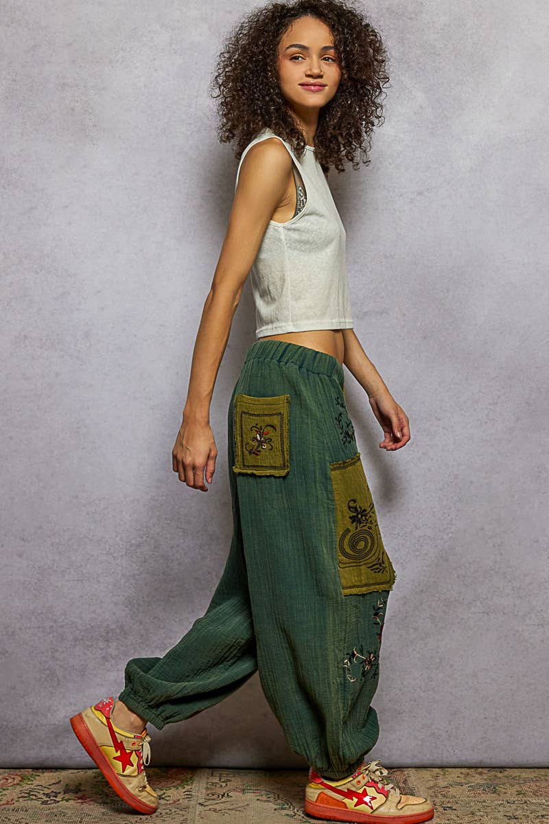 POL Clothing Double gauze floral embroidery accents patch detail pants-pants-Pol Clothing-Stuffology - Where Vintage Meets Modern, A Boutique for Real Women in Crosbyton, TX