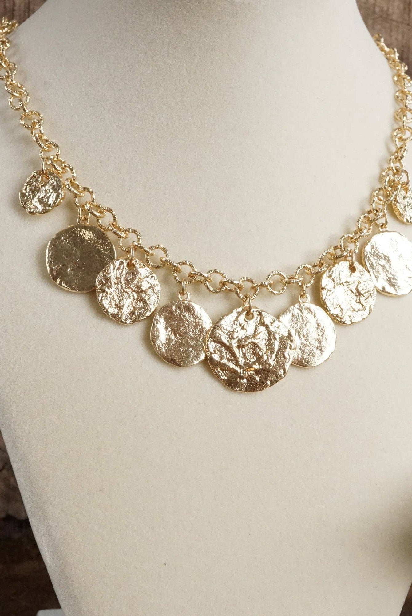 Textured Coins Statement Necklace – Gold Tone-Necklaces-PennyLine inc-Stuffology - Where Vintage Meets Modern, A Boutique for Real Women in Crosbyton, TX