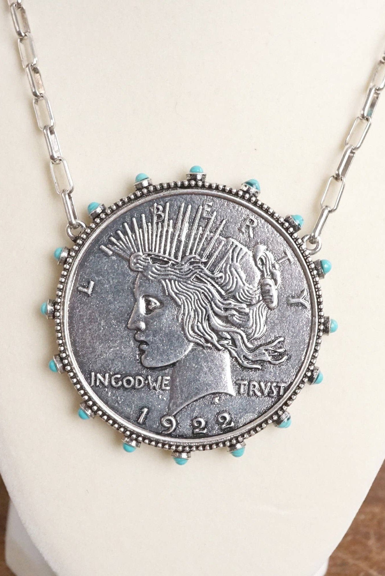 Western Boho Coin Necklace Set with Turquoise Accents – Worn Silver Tone-Necklaces-PennyLine inc-Stuffology - Where Vintage Meets Modern, A Boutique for Real Women in Crosbyton, TX