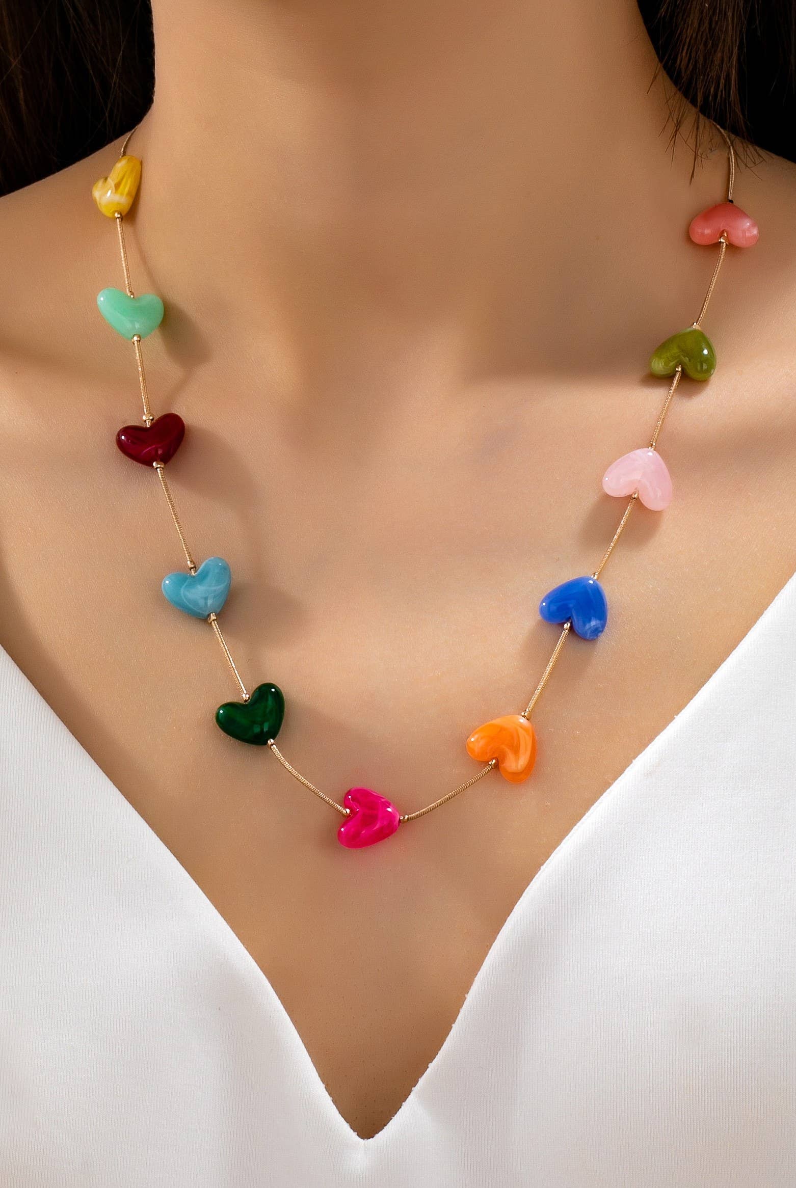 Multicolor Resin Beaded Heart Station Necklace | 80N92985-Necklaces-JOSSLYN by wall to wall-Stuffology - Where Vintage Meets Modern, A Boutique for Real Women in Crosbyton, TX