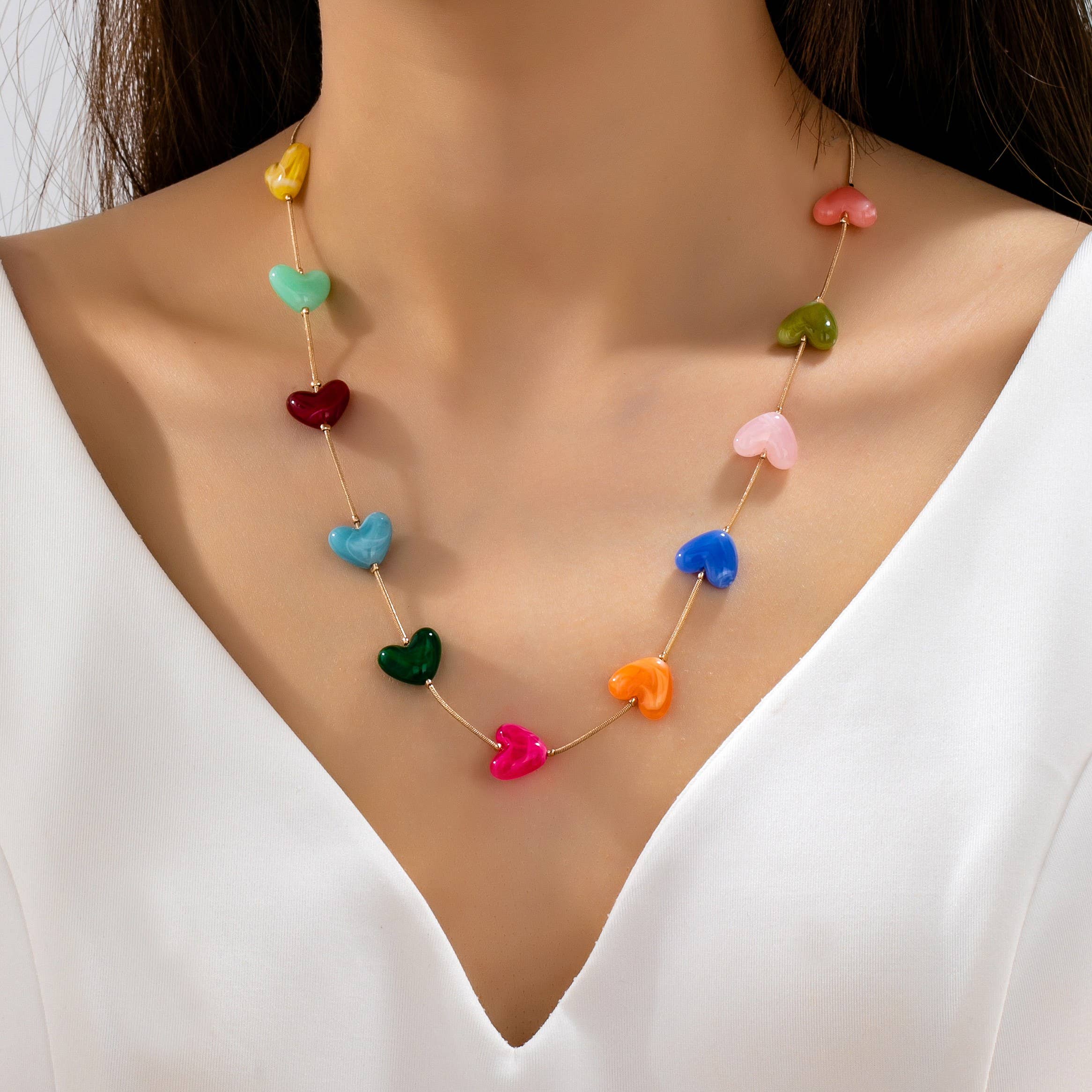 Multicolor Resin Beaded Heart Station Necklace | 80N92985-Necklaces-JOSSLYN by wall to wall-Stuffology - Where Vintage Meets Modern, A Boutique for Real Women in Crosbyton, TX