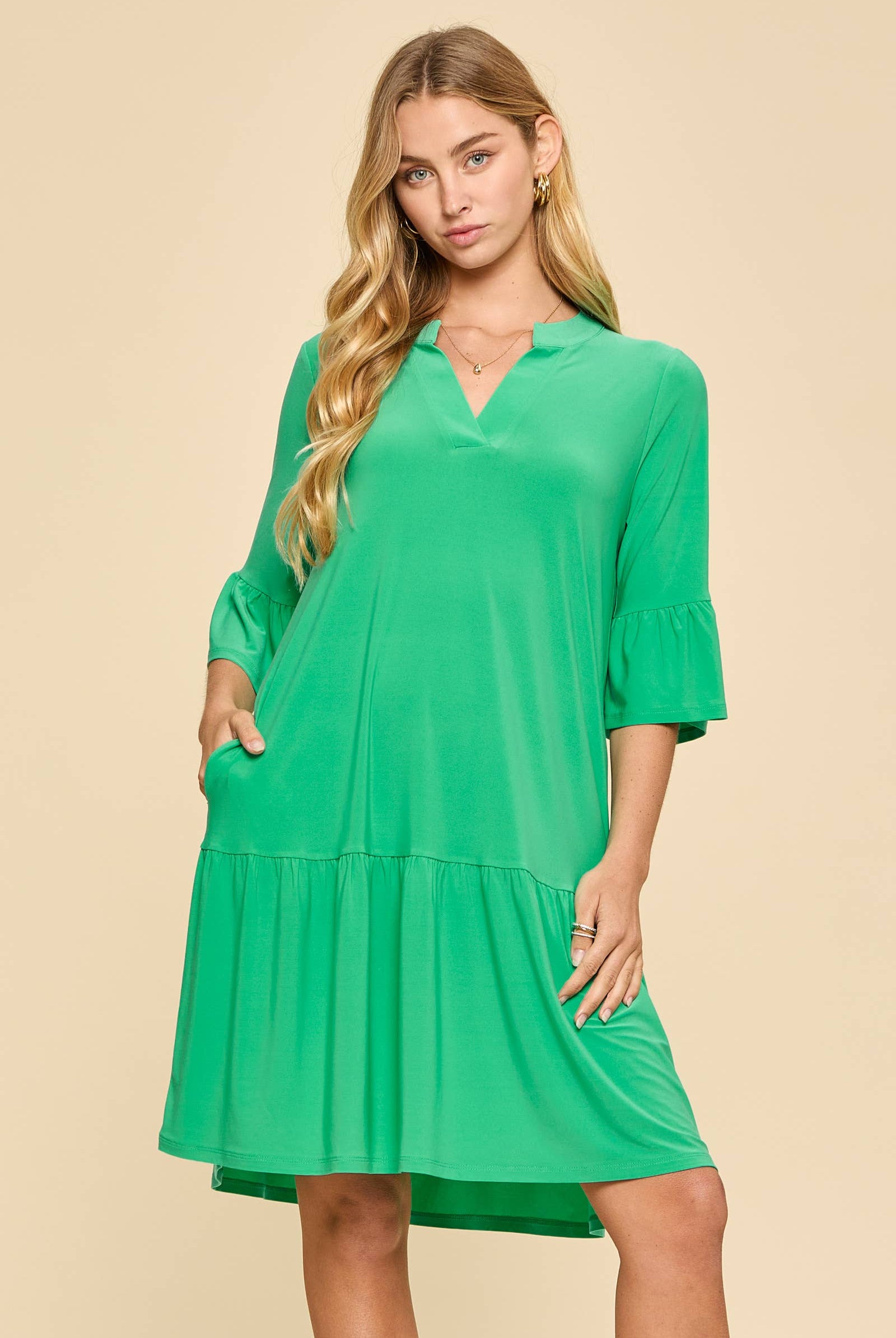 Shirred Tiered Relaxed 3/4 Sleeve Dress-Dresses-Dear Scarlett-Stuffology - Where Vintage Meets Modern, A Boutique for Real Women in Crosbyton, TX