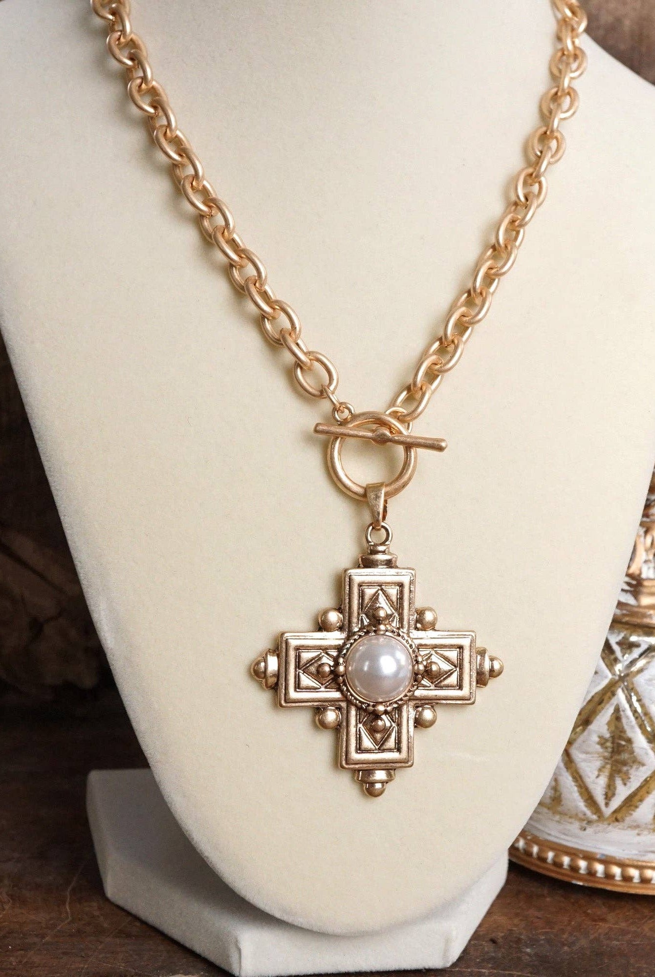 Decorative Cross Necklace Worn Gold Tone Front Toggle and Pearl-Necklaces-PennyLine inc-Stuffology - Where Vintage Meets Modern, A Boutique for Real Women in Crosbyton, TX