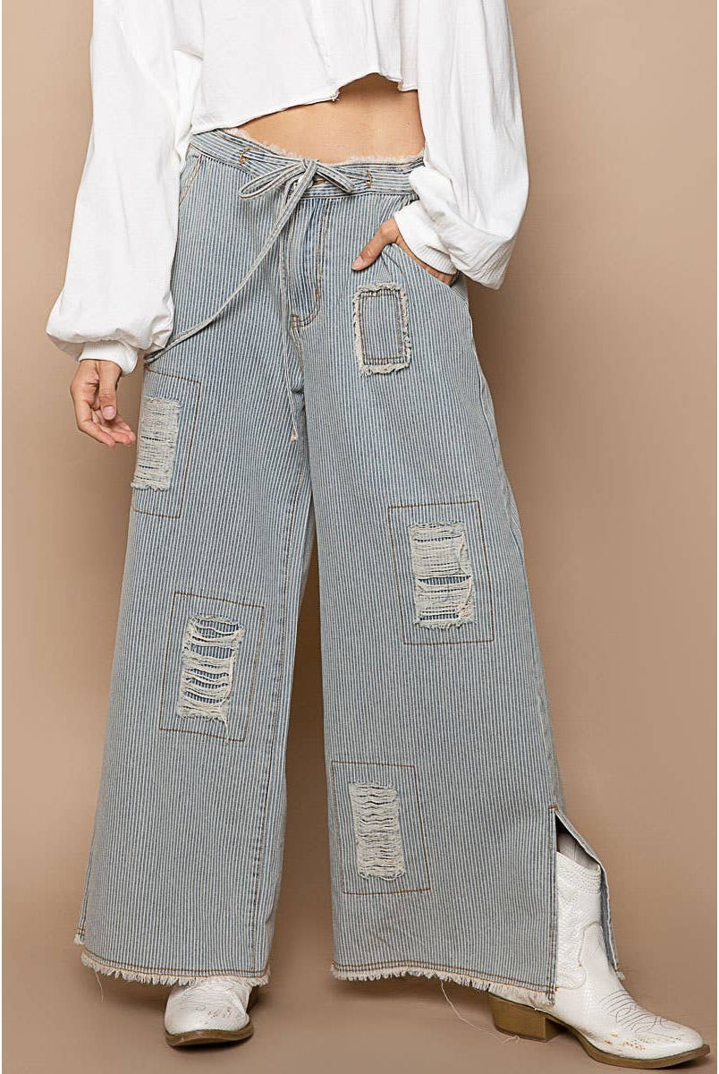 Distressed waist strape stripe denim wide pants-Jeans-Pol Clothing-Stuffology - Where Vintage Meets Modern, A Boutique for Real Women in Crosbyton, TX